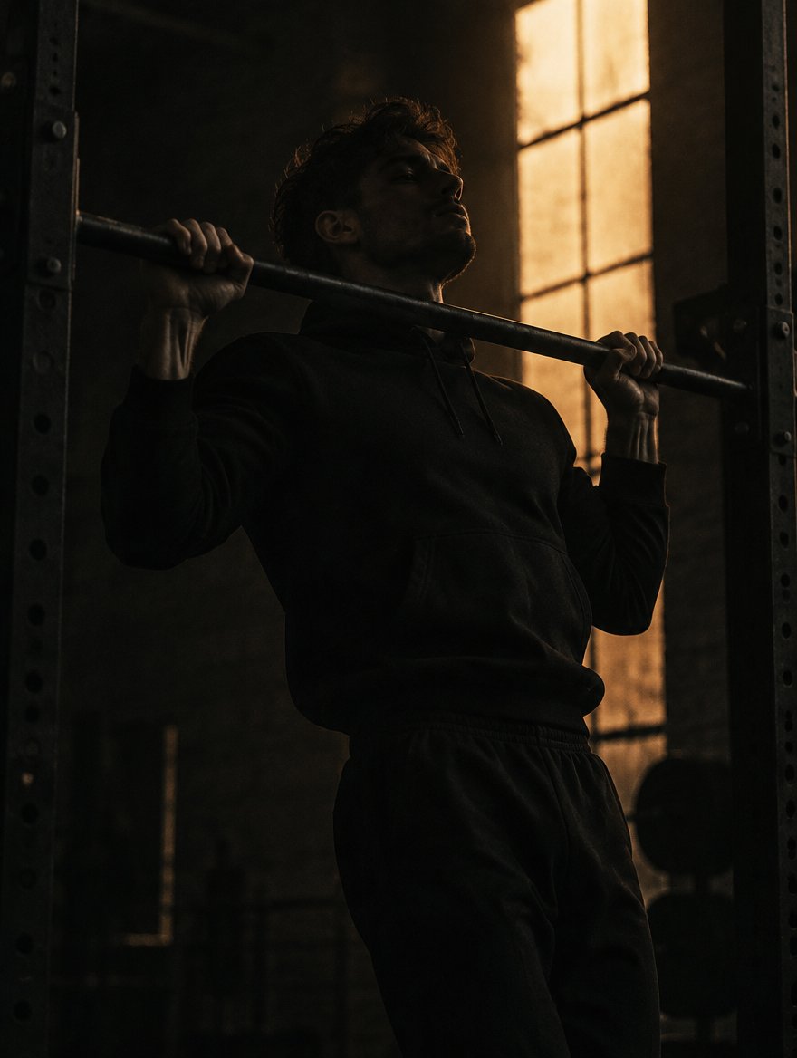 A man mid pull-up in a dark gym, lit by a single window