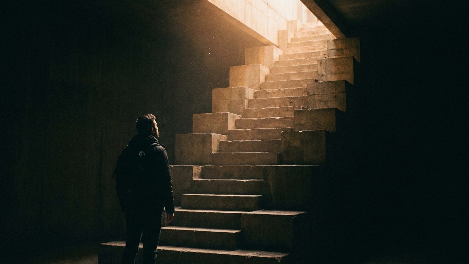 A man looking up a long staircase rising toward the light