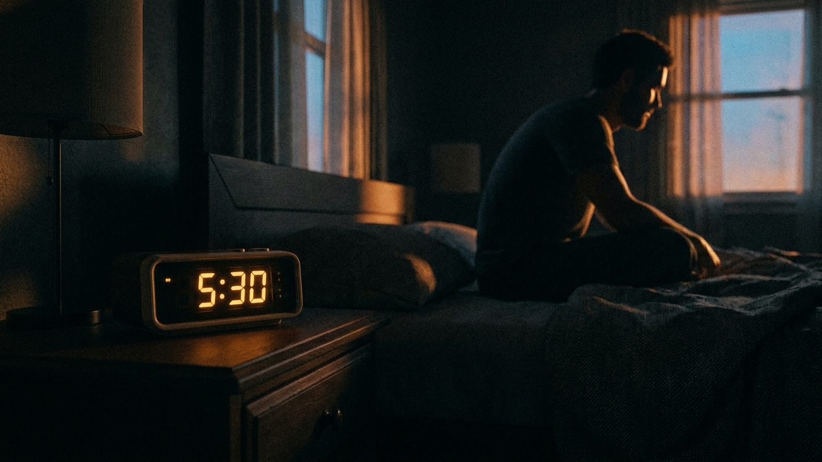 An alarm clock beside a made bed at first light, the start of a routine being rebuilt