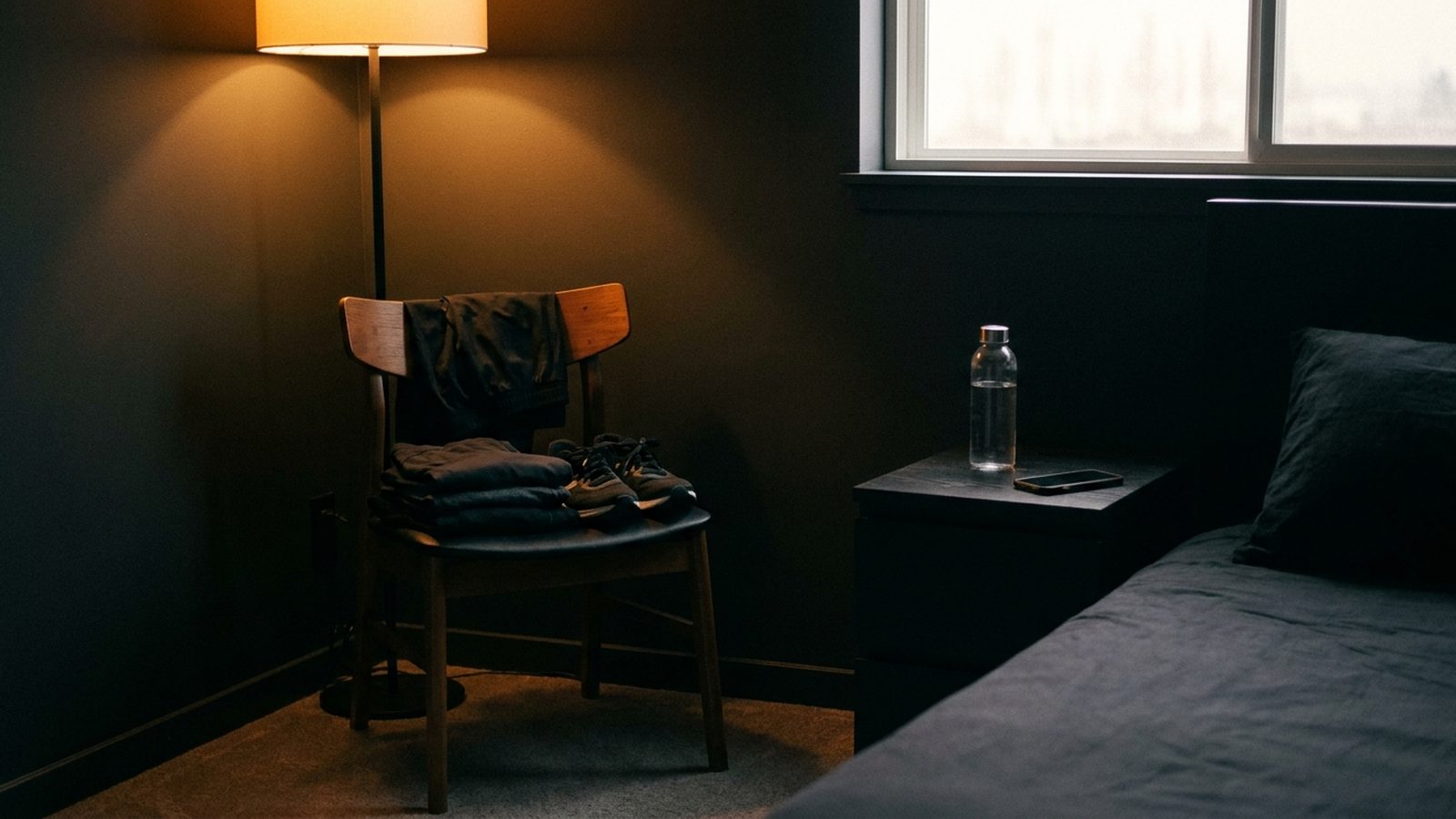 A dark room set up the night before, gym clothes laid out and the phone away