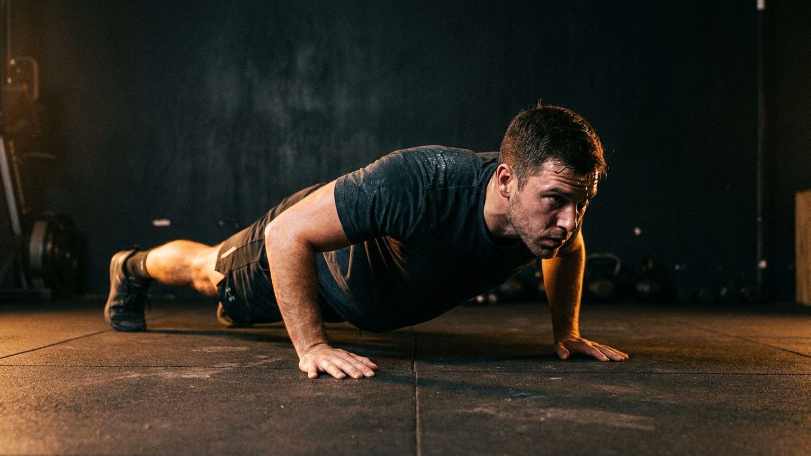 A man doing a strict, controlled push-up in a dark gym