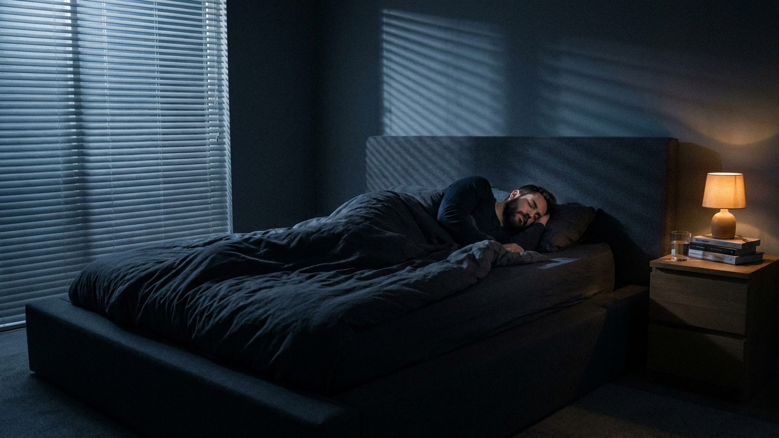 A calm dark bedroom at night for disciplined recovery
