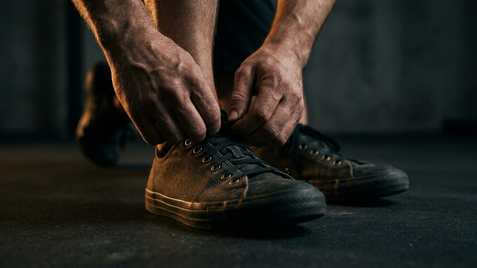 Close-up of hands lacing up training shoes in low light