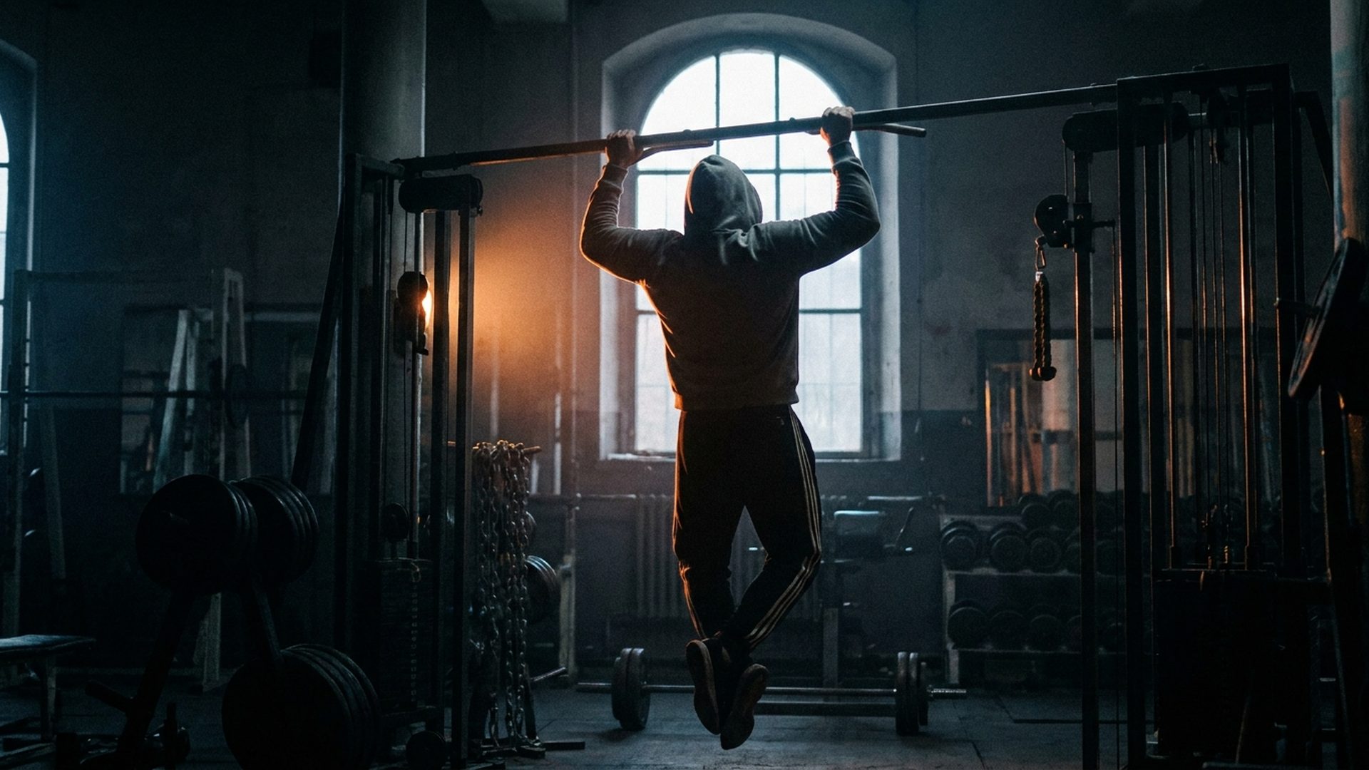 A man doing a pull-up alone in a dark gym, pulling through when there's nothing left
