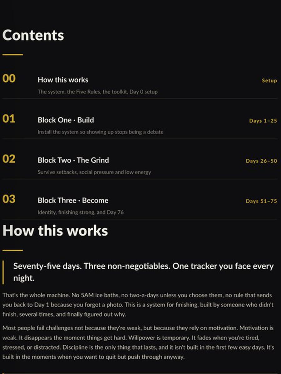 The Program's contents page: How this works, Block One Build, Block Two The Grind, Block Three Become