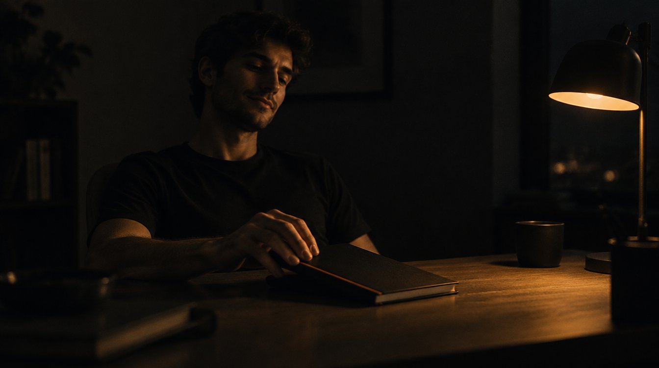 A man closing his planner at night, quietly satisfied after a finished week